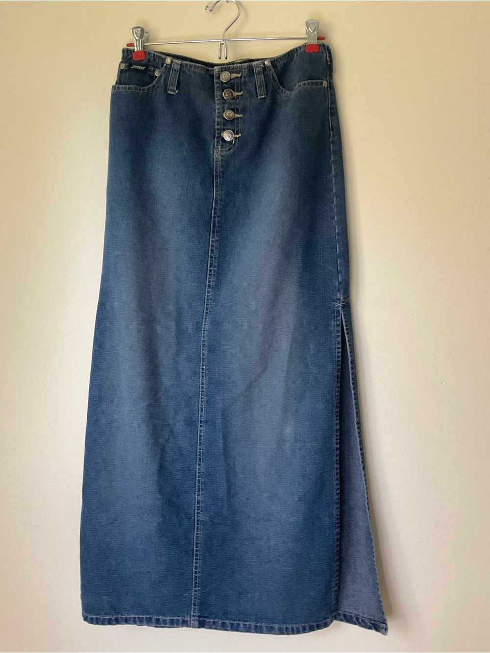 Vintage Y2K Squeeze Dark Blue Jean Denim Maxi Skirt button side slits cotton